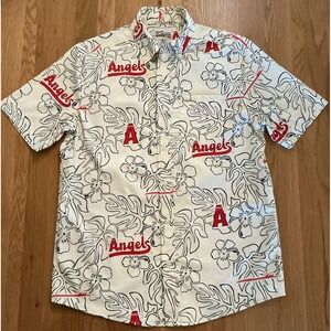 Reyn Spooner MLB Angels Shirt Men's Small Spooner Kloth AOP Off-White Hawaii